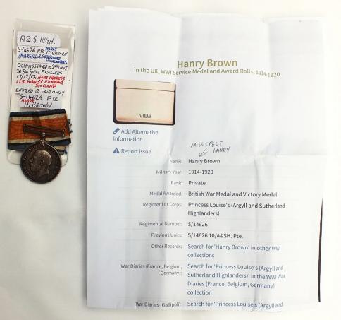 1914-18 War Medal and Assoc. Paperwork To Pte Harry Brown A&S Highlanders