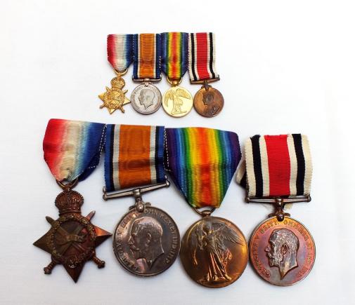 WW1 TRio and Special Constabulary Medal to Pte F Titley R.A.M.C. No 30555  and Miniatures