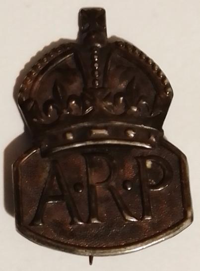 WW2 Period Kings Crown Silver Hallmarked A.R.P Pin Backed Badge