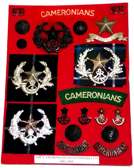 Card Mounted Collection of Badges etc to the Scottish Rifles / Cameronians