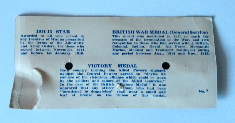 WW1 Medal Trio Medal Ribbon Bar on Manufacturers Card