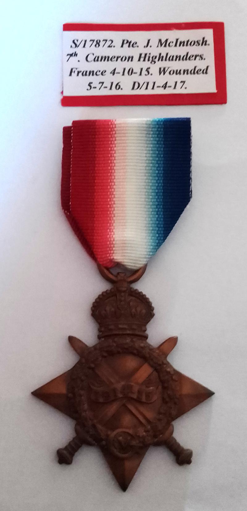 WW1 1914/15 Star {Casualty} to The 7th Cameron Highlanders with Research Documentation