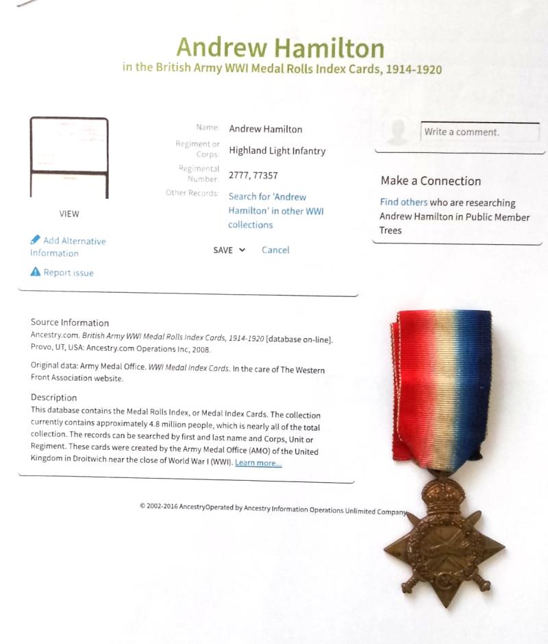 WW1 1914/15 Star to The Highland Light Infantry with Research Documentation