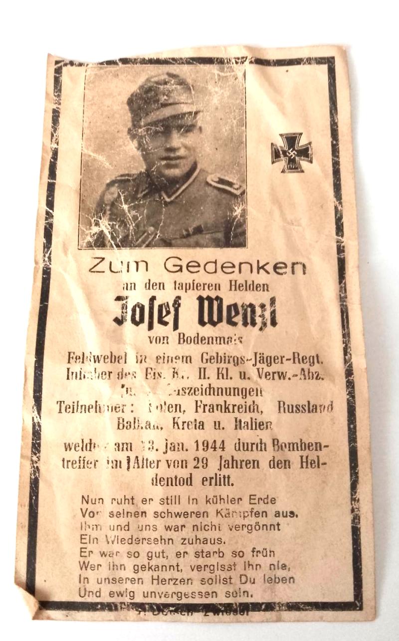 Third reich Memorial Card to a member of the German Army Mountain Troops