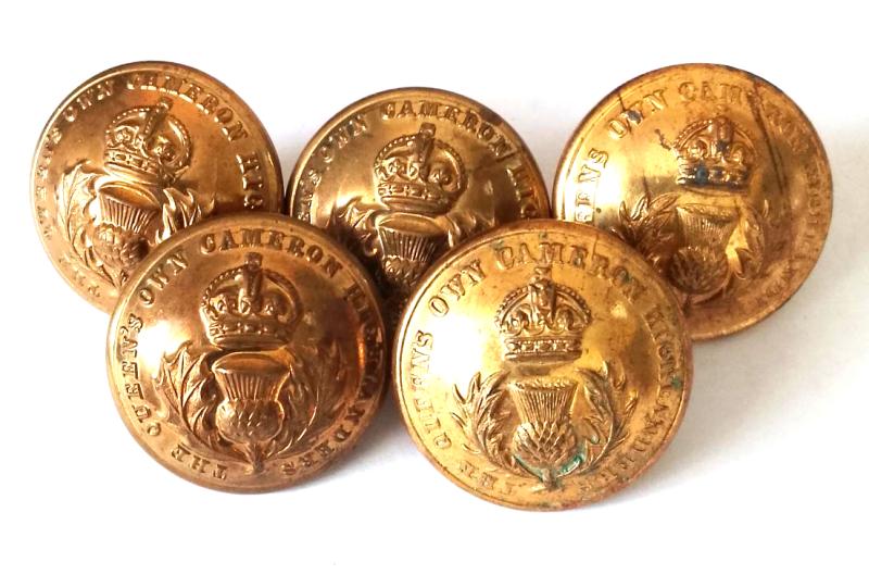 Five WW2 Period or earlier Queens Own Cameron Highlanders Tunic Buttons