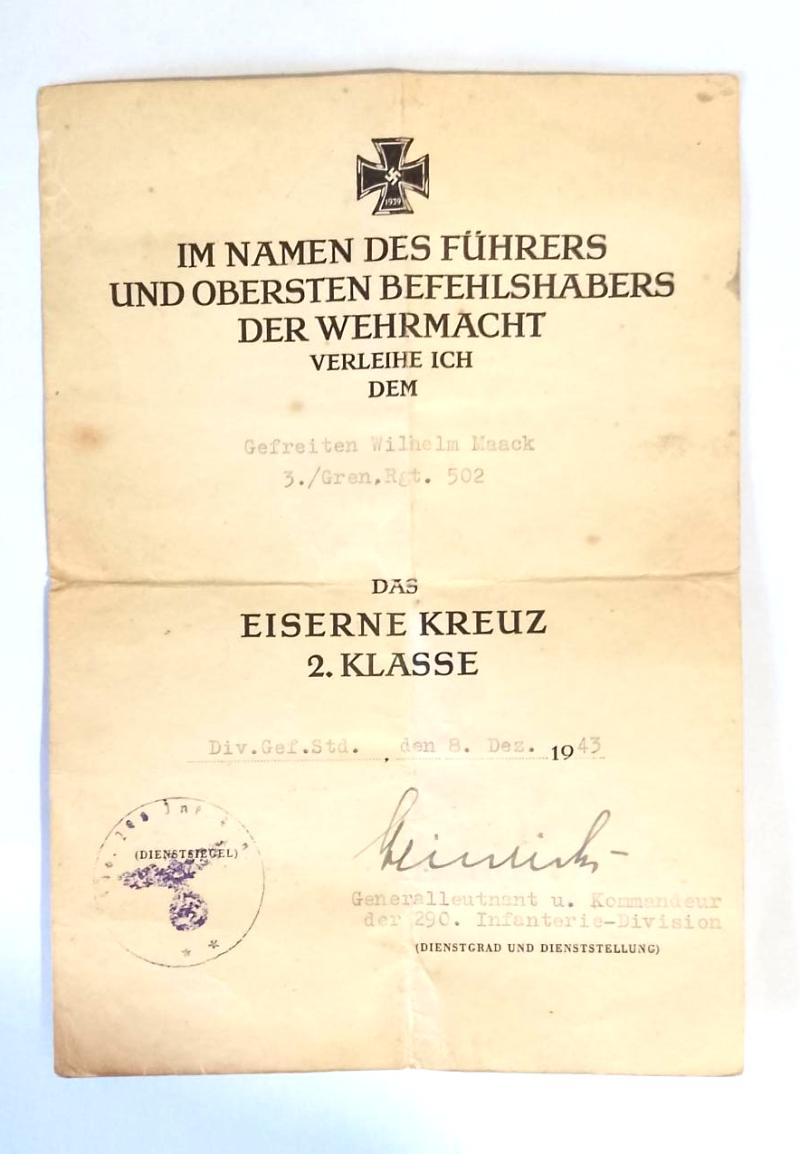 Two WW2 German Award Citations to the same recipient; Black Wounds Badge & Iron X 2nd Class